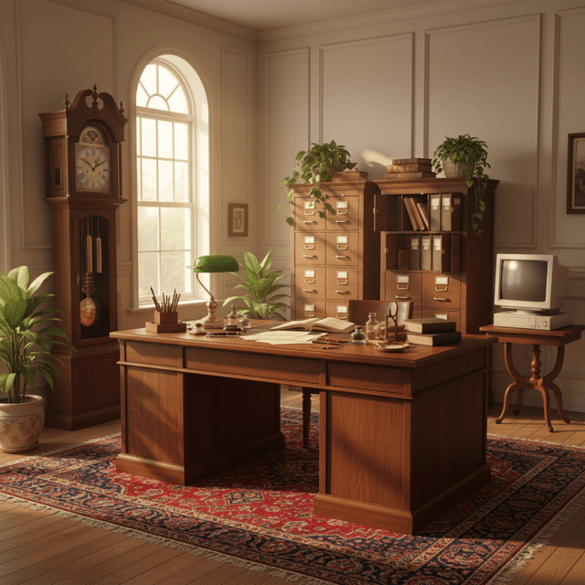 A side-on view of a room with visible agent capabilities—clocks, desk, filing cabinets, and a window showing the outside world