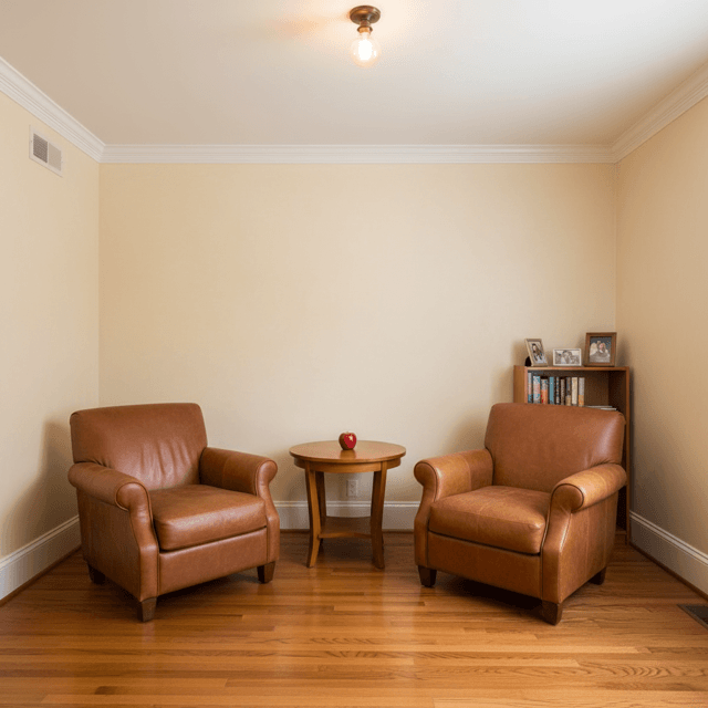A clean side-on view of a room with basic furniture, showing the profile of walls, floor, and ceiling
