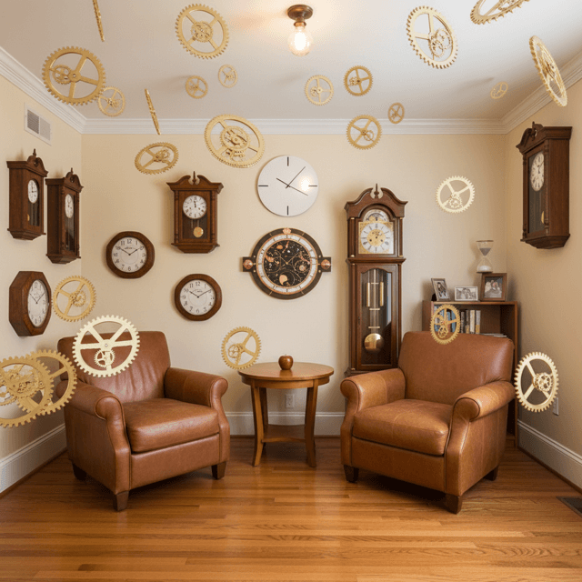 A side view of a room with prominent clocks on the walls, showing the passage of time and layers of thinking