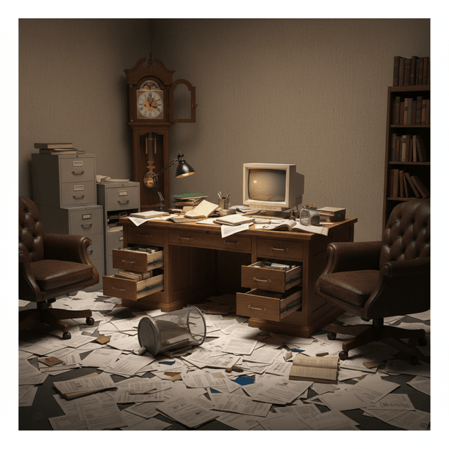 A chaotic side view of a ransacked office with papers scattered everywhere, drawers pulled open, filing cabinets overturned, suggesting invasive searching