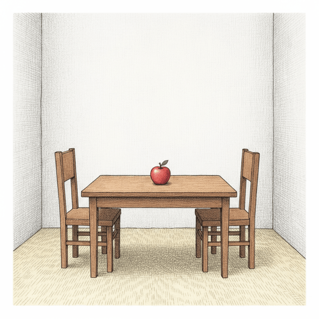 A room with white walls, hardwood floors, two simple chairs facing each other across a small wooden table with a red apple on it, soft natural light coming from unseen windows