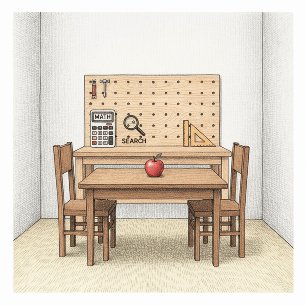 A kitchen corner of the room with labeled tools hanging on the wall—a calculator labeled 'MATH', a rolled-up map labeled 'SEARCH', measuring cups labeled 'DATA PROCESSING', each tool glowing slightly to show they're interactive