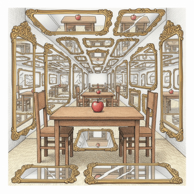 A room with ornate mirrors on the walls creating infinite reflections, some clear and some distorted, suggesting self-reflection and meta-cognition