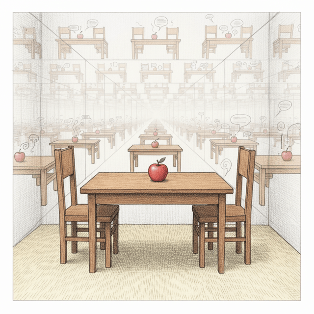 A view through semi-transparent walls showing multiple similar rooms extending in all directions, each with their own conversations happening simultaneously